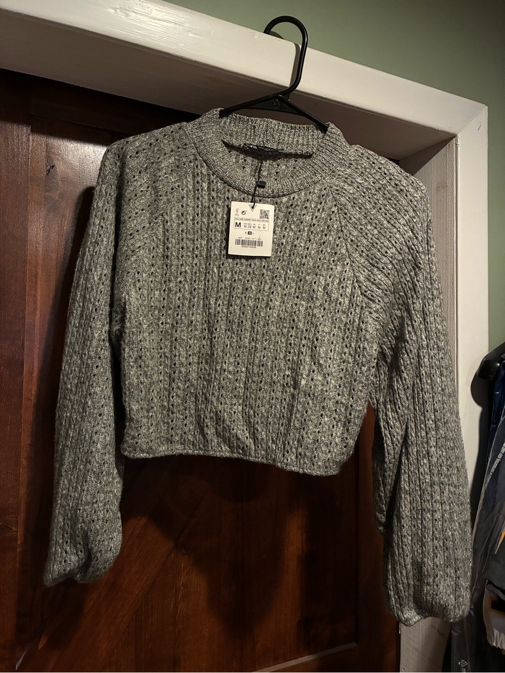 Zara Cropped Knit Crewneck Sweater - Gray